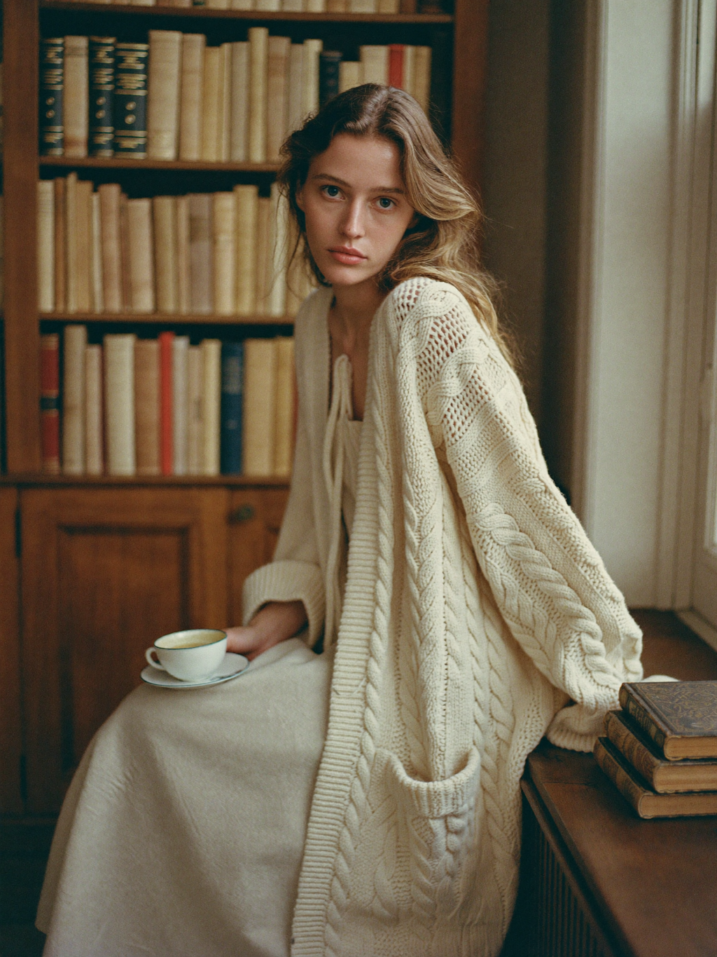 The Poet's Cable Cardigan worn in a sunlit library — oversized cream cable-knit cardigan, Poetcore aesthetic
