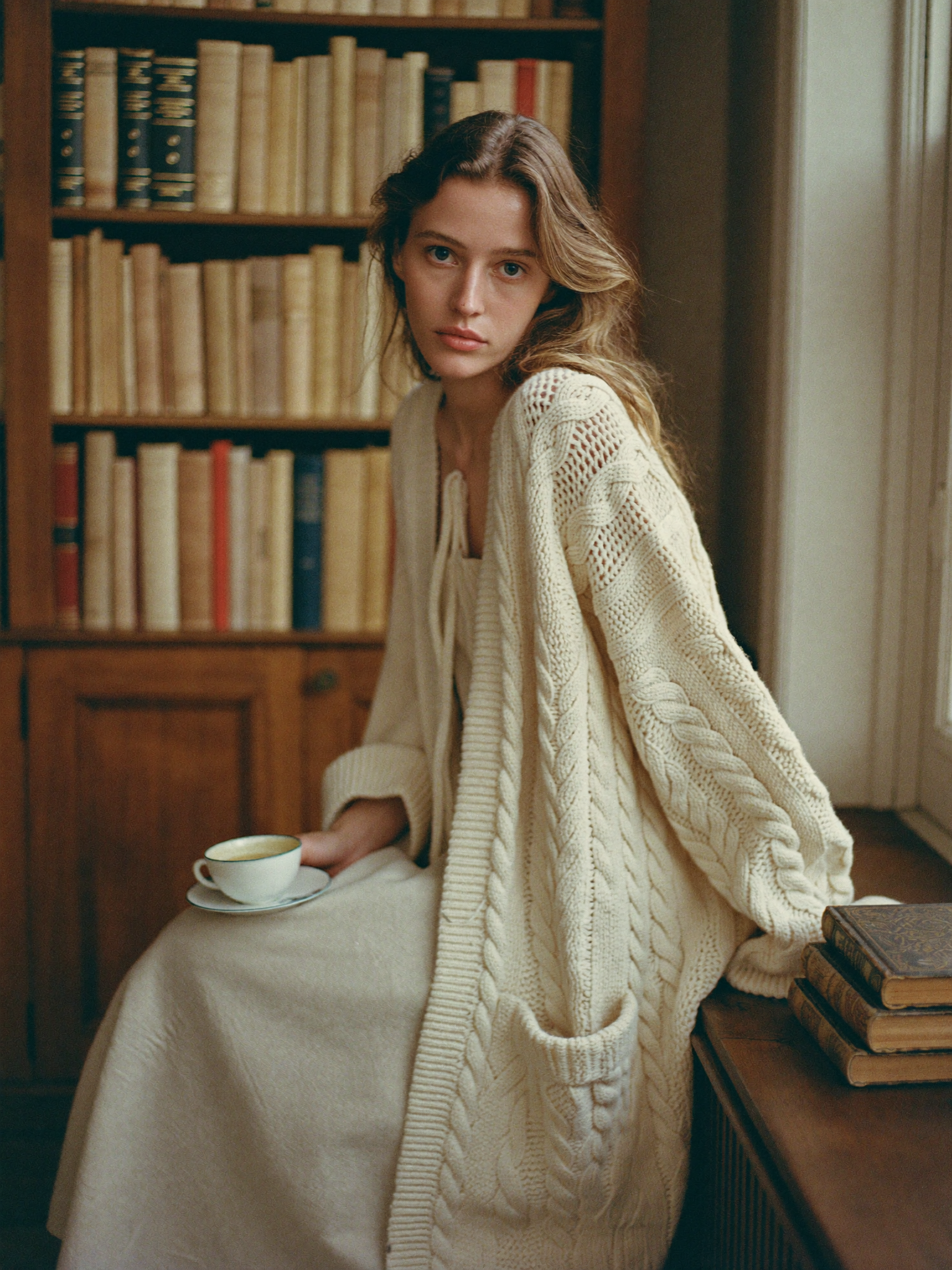 The Poet's Cable Cardigan worn in a sunlit library — oversized cream cable-knit cardigan, Poetcore aesthetic
