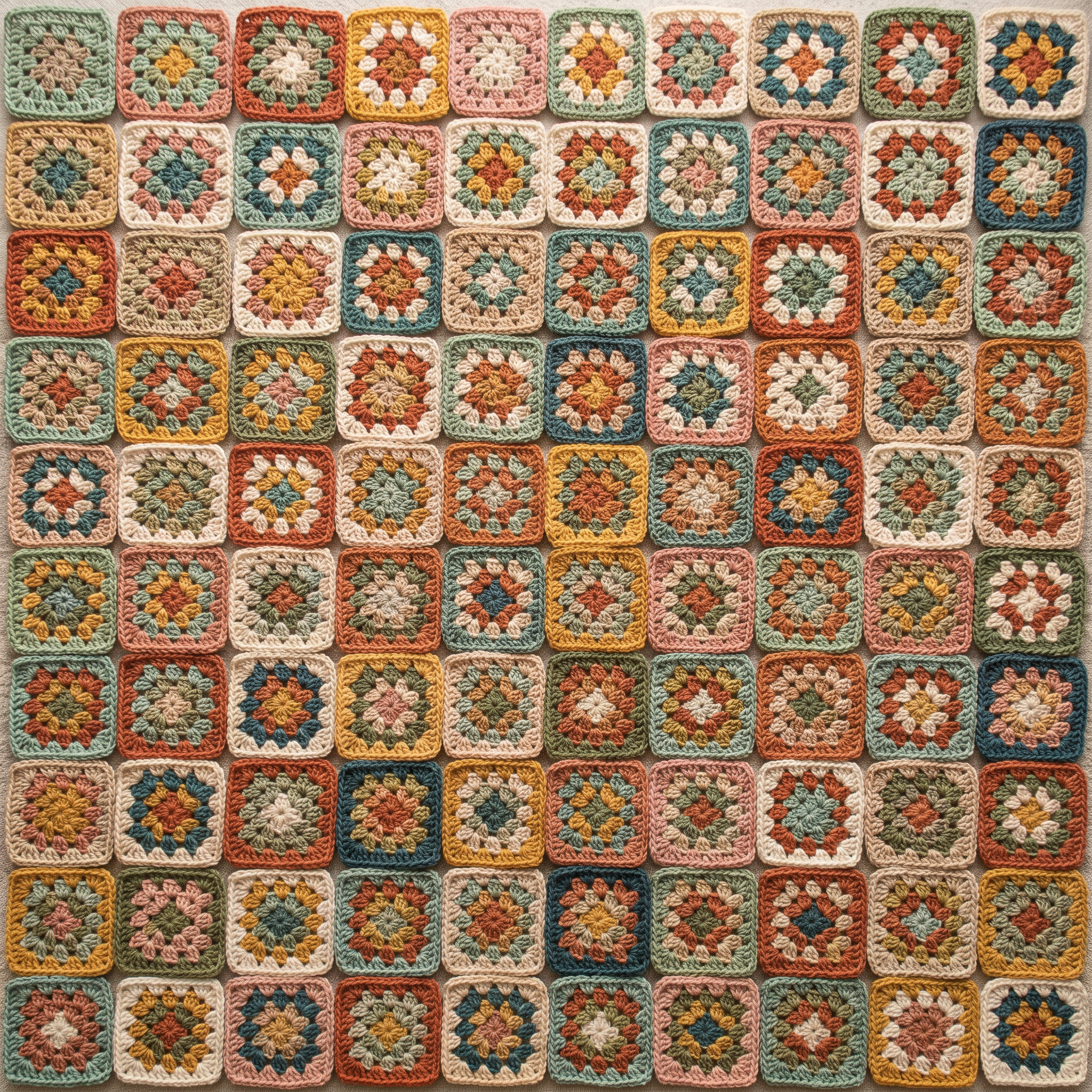 Over 100 colorful handmade crochet granny squares arranged in a grid