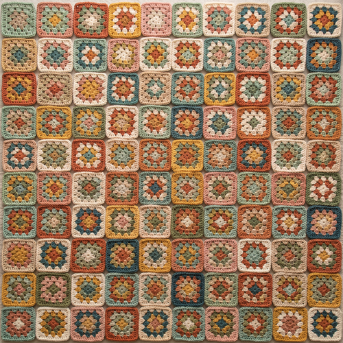 Over 100 colorful handmade crochet granny squares arranged in a grid