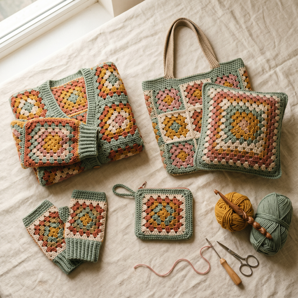 Finished granny square projects including a cardigan, tote bag, cushion and mittens