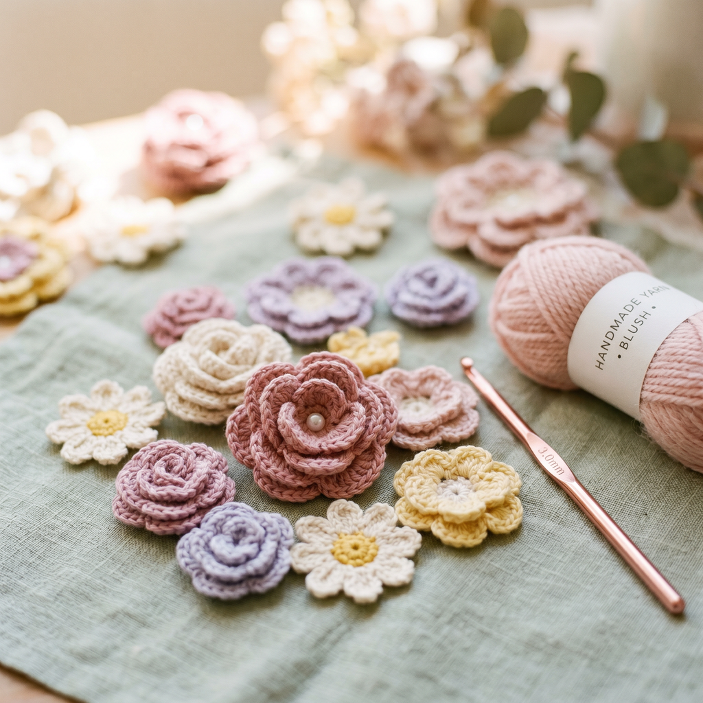 Bonus handmade crochet flower and daisy motifs in pastel yarn