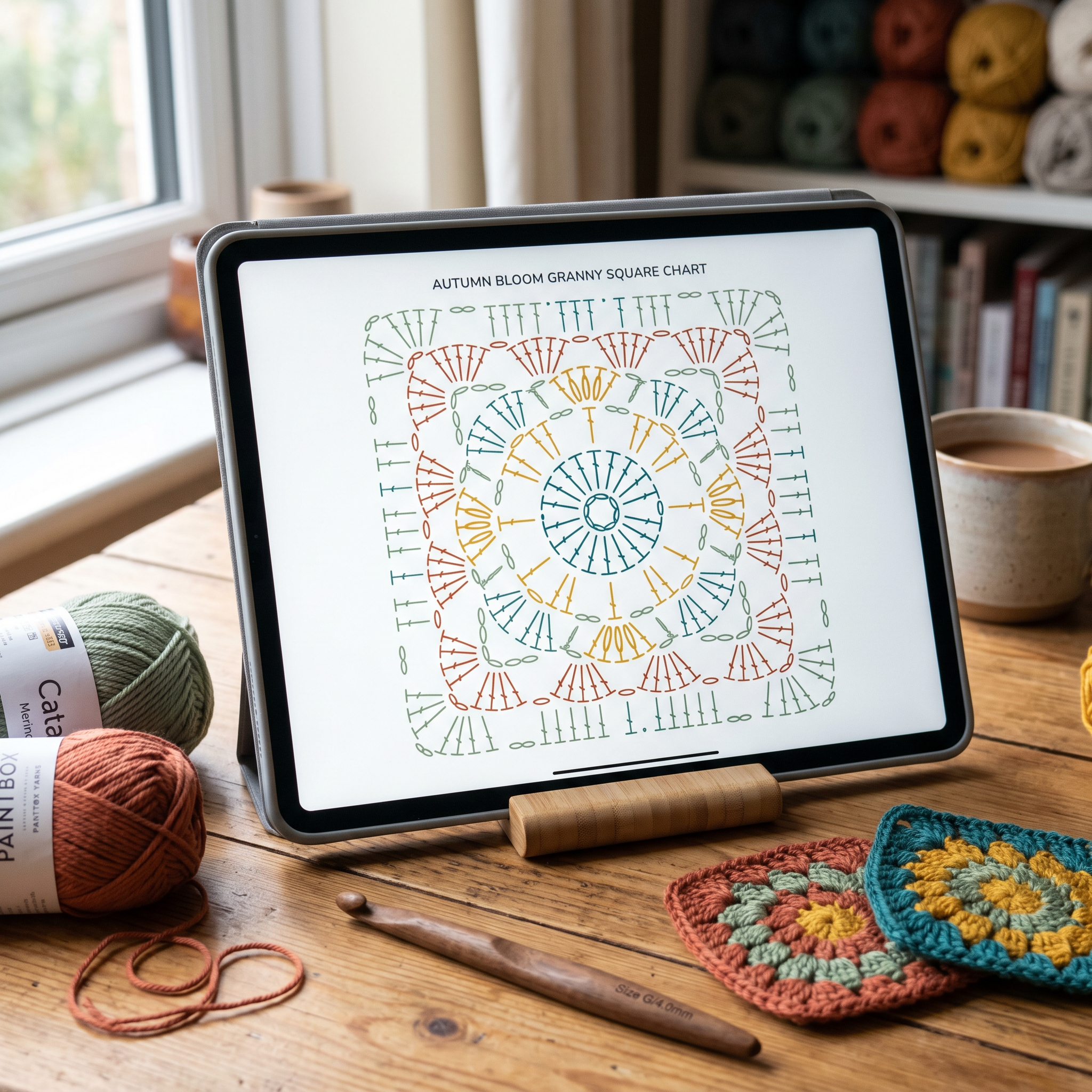 Tablet showing a clear granny square crochet stitch chart with yarn and finished squares