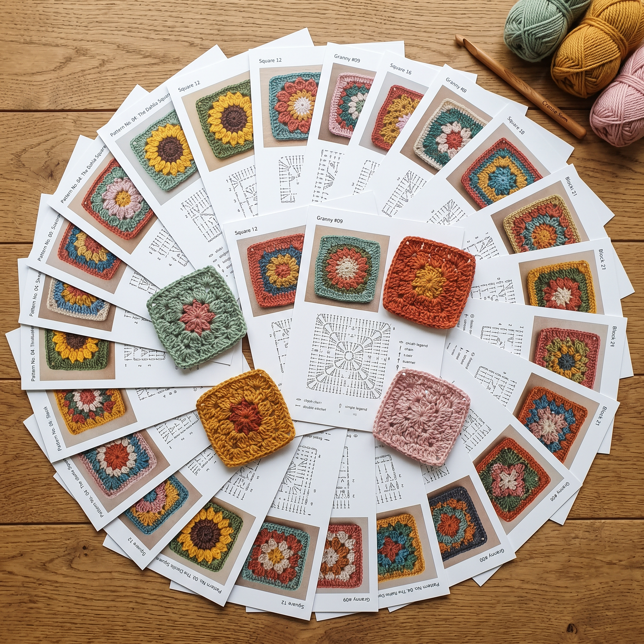 Printed granny square pattern pages fanned out, each with a photo and stitch chart