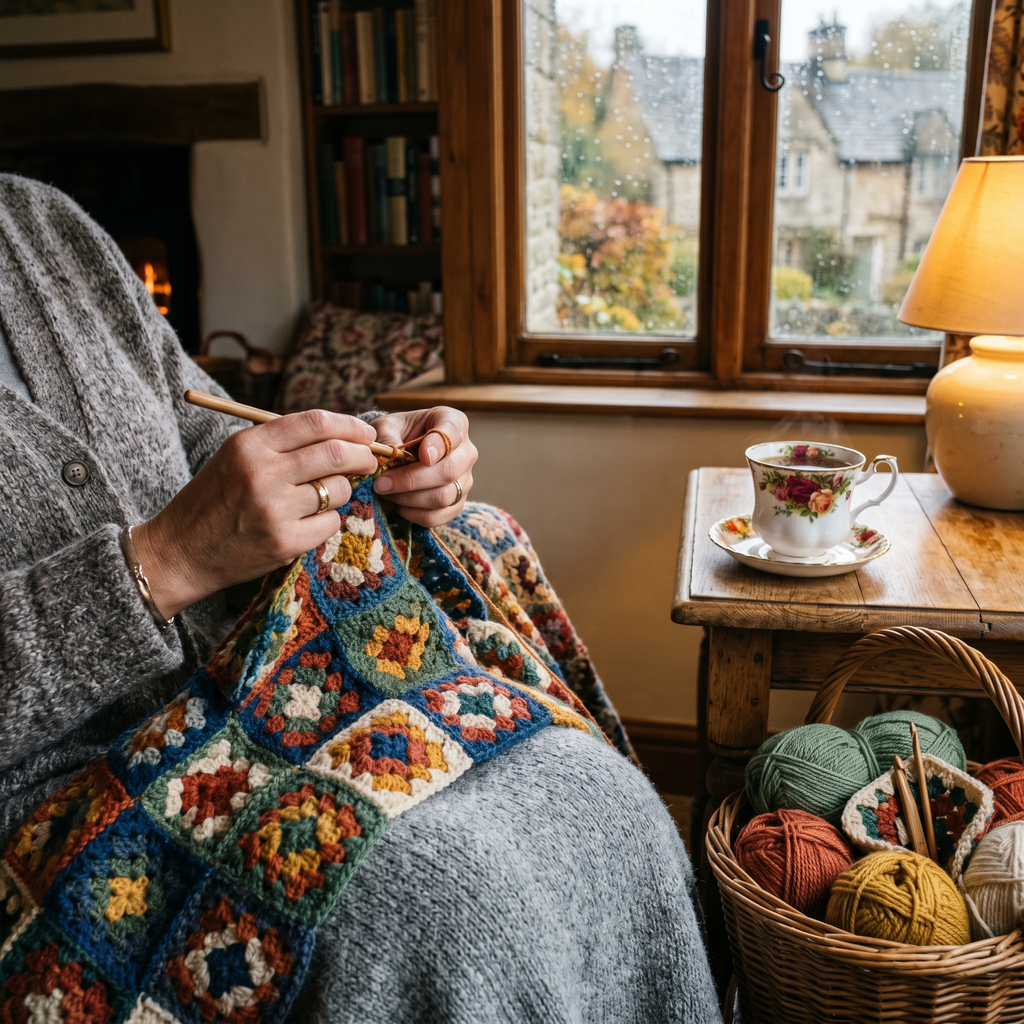 Crocheting a colourful granny square blanket by the fire with a cup of tea