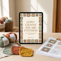 1,000+ Granny Square Patterns eBook by Crochetok shown on a tablet with yarn and crocheted squares