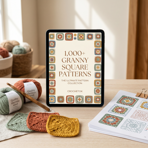 1,000+ Granny Square Patterns eBook by Crochetok shown on a tablet with yarn and crocheted squares