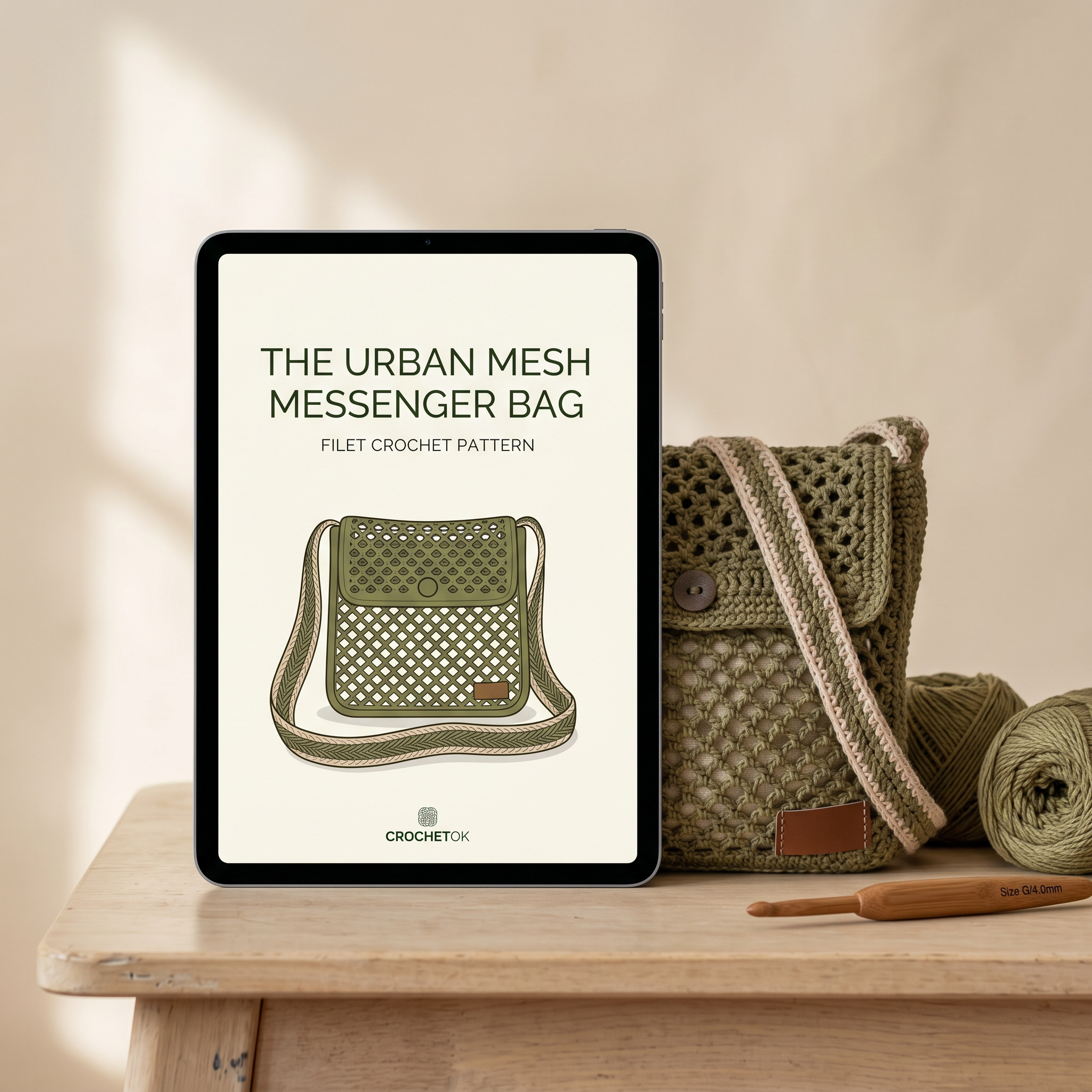 The Urban Mesh Messenger Bag filet crochet pattern eBook by Crochetok shown on a tablet beside the finished olive bag