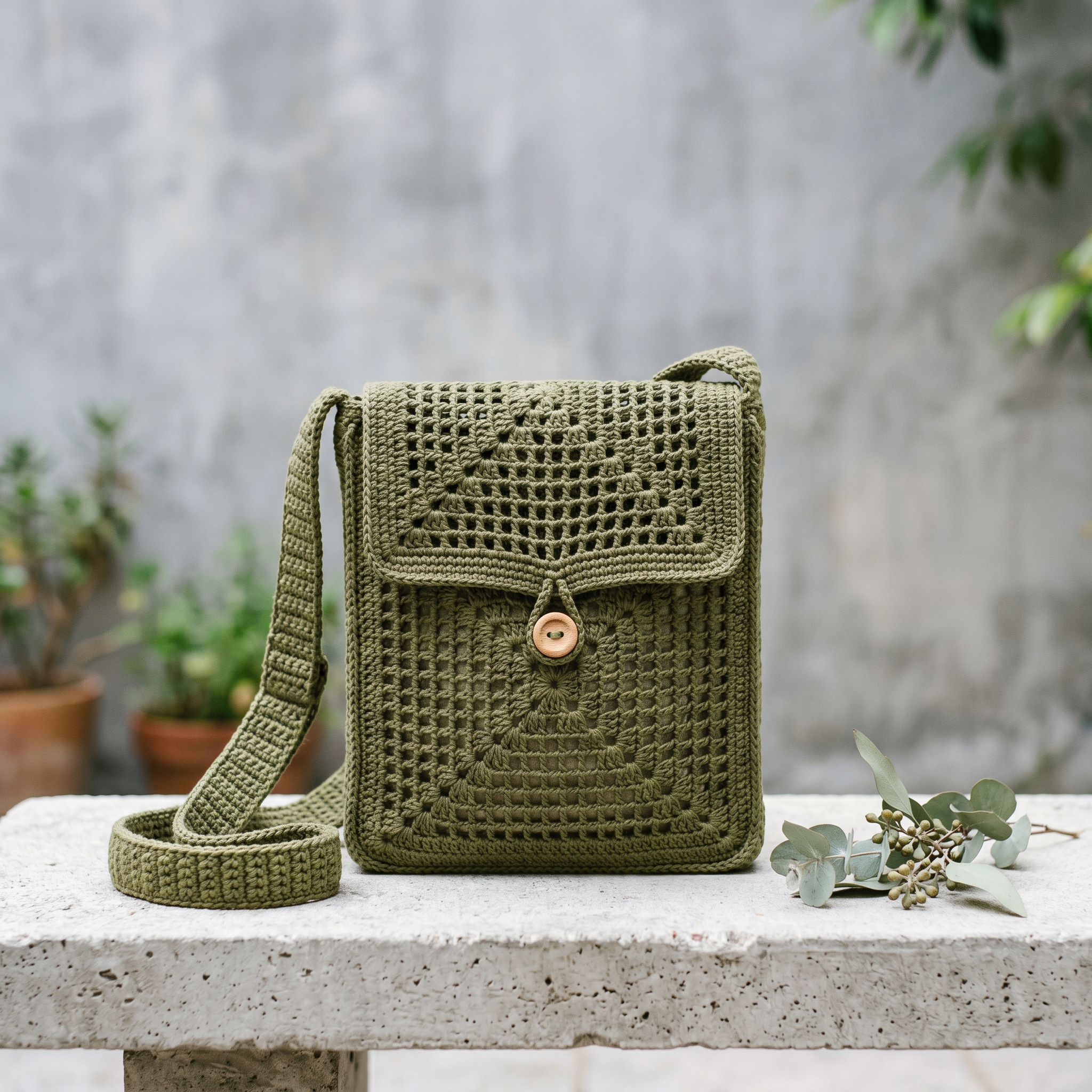 Finished filet crochet messenger bag in olive cotton with wooden button and crossbody strap