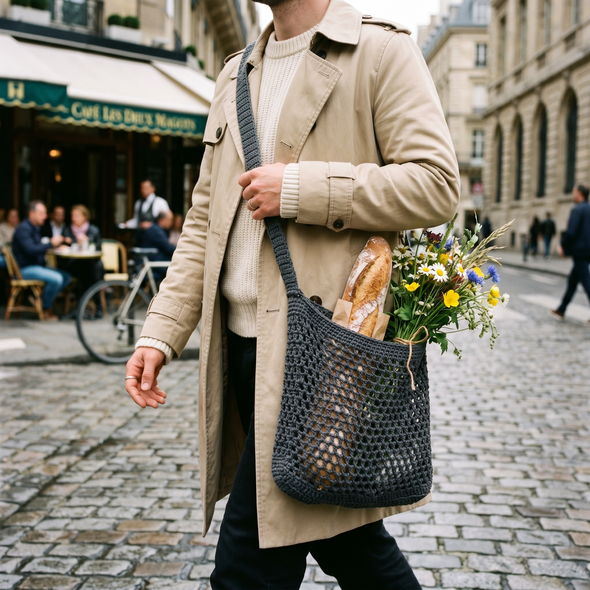 Charcoal filet crochet mesh messenger bag worn crossbody on a city street with baguette and flowers