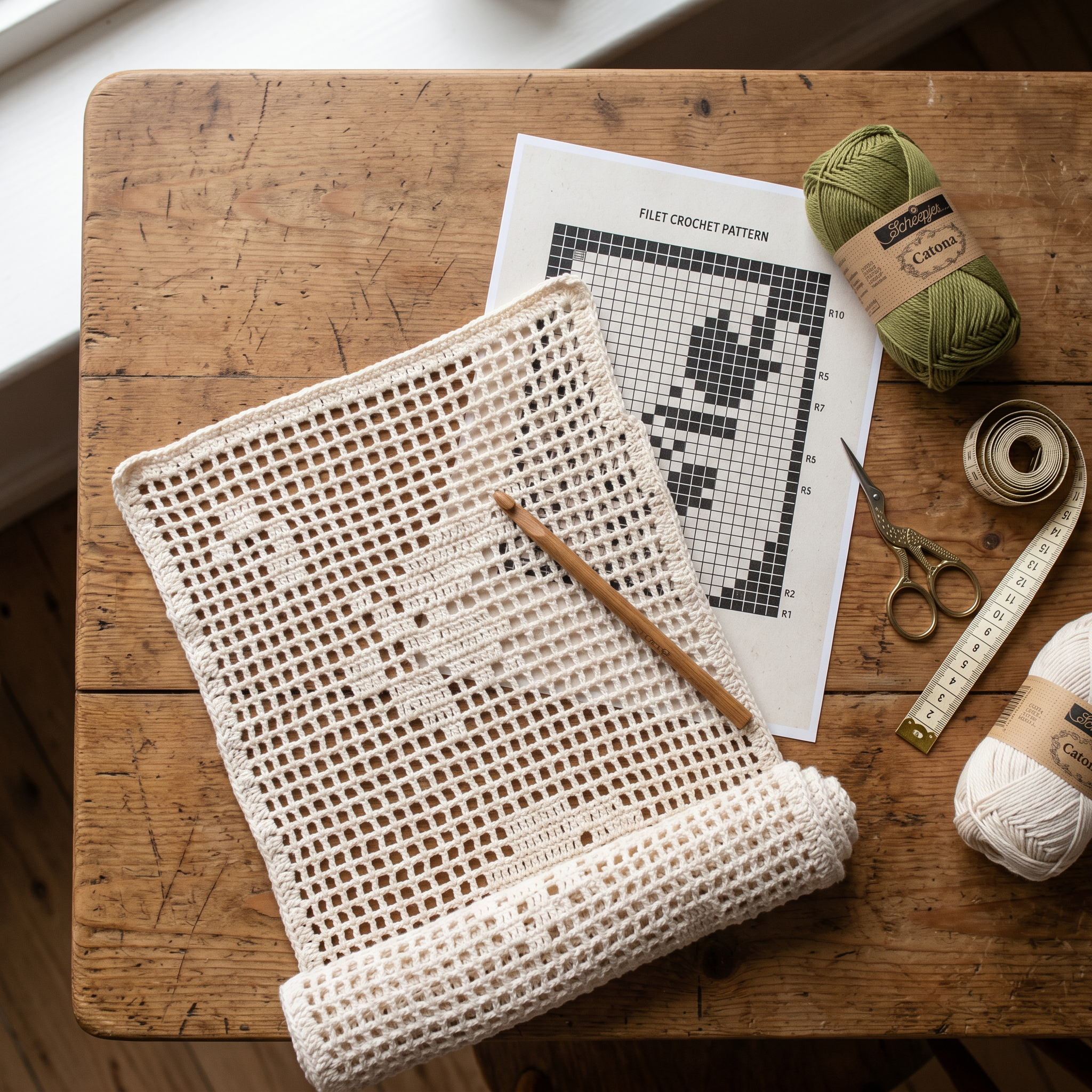 Filet crochet mesh swatch with grid chart page, cotton yarn and crochet hook on a wooden table