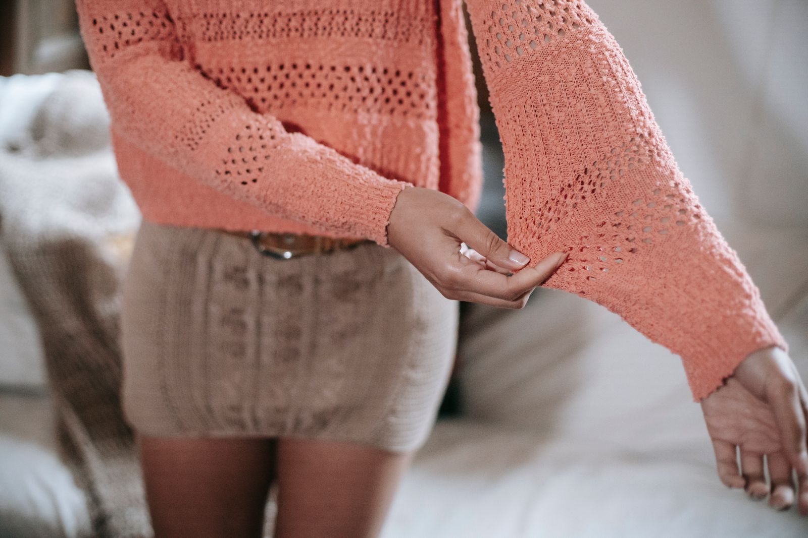 Woman wearing a handmade knitted sweater